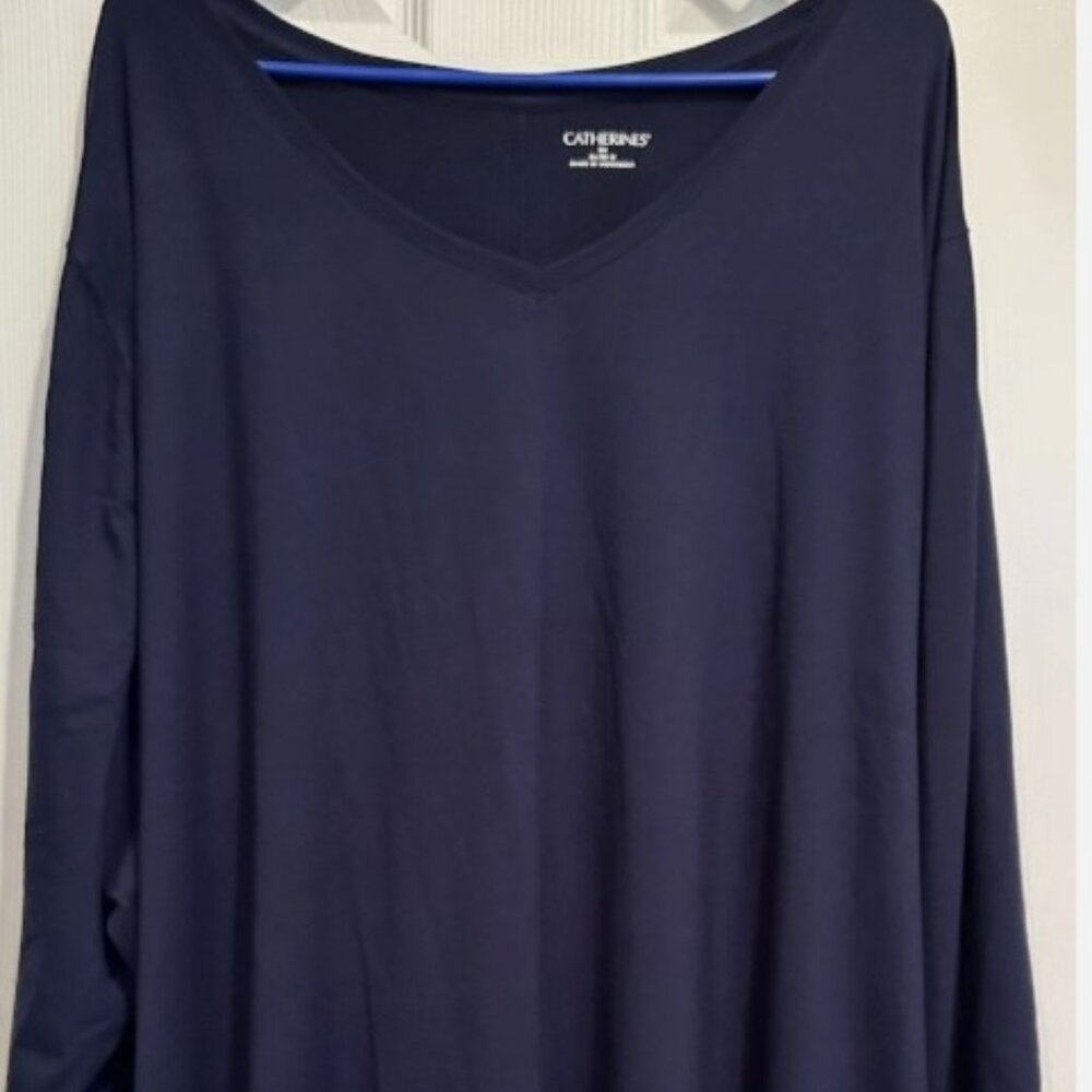 NWT Catherines Navy Blue V Neck Long Tunic T Shirt Plus Sz 5X Stretch 3/4 Sleeve